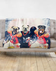 Personalized 3-pet blanket with dogs in football uniforms, a pug, bulldog, and rottweiler.