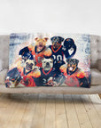 Personalized 5-pet blanket with dogs in football jerseys, draped on a gray sofa.
