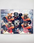 Personalized 6-pet poster featuring dogs in Denver Broncos football uniforms against a stadium backdrop.
