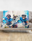 Personalized 3-pet blanket featuring dogs in blue football uniforms, Doggovinci style.