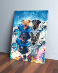 Personalized "Detroit Doggos" 4-pet canvas featuring dogs in blue and grey football jerseys.