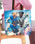 Personalized Detroit Doggos 4-pet portrait tote bag with dogs in football jerseys.