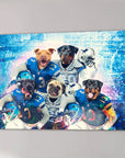Custom 'Detroit Doggos' canvas featuring five pets as football players in blue and white uniforms.