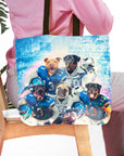 Personalized 5 pet Detroit Doggos tote bag with dogs in football uniforms.