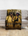 Personalized Dogbusters 2 pet blanket featuring two pugs in Ghostbusters costumes.