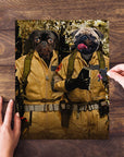 Personalized 2-pet puzzle featuring two pugs in Ghostbusters costumes, with hands assembling it.