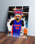 Personalized pet canvas featuring a dog in a blue "Dogtroit 24" basketball jersey, dribbling a ball.