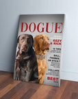 Personalized 'Dogue' canvas featuring a chocolate lab and a golden dog on a magazine cover.