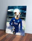 Personalized Everton Doggos Football canvas featuring a bulldog in a blue jersey, holding a soccer ball.