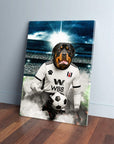 Personalized pet canvas featuring a Rottweiler in a white Fulham football kit holding a soccer ball.