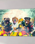 Green Bay Doggos personalized 3-pet canvas featuring a pug, golden retriever, and rottweiler in football uniforms.
