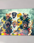 Six personalized pets, including dogs like pugs and retrievers, on a canvas wearing Green Bay Doggos football uniforms.