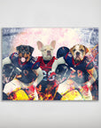 Personalized 3-pet poster featuring a Rottweiler, French Bulldog, and English Bulldog in Houston Texans football uniforms.
