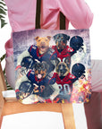 Custom 4-pet portrait tote bag featuring dogs in Houston football jerseys with helmets.