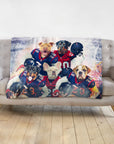 Personalized 5-pet blanket with dogs in Houston Doggos football uniforms.