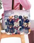 Personalized tote bag with six custom pet portraits as football players in Houston Doggos style.