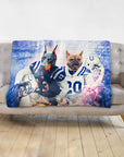Personalized pet blanket with two dogs in Indianapolis Colts football uniforms.