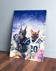 Personalized canvas featuring two pets as Indianapolis Colts football players in blue and white jerseys.