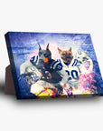 Personalized standing canvas featuring a Doberman and French Bulldog in Indianapolis Colts football uniforms.