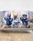 Personalized 3-pet blanket featuring a Doberman, French Bulldog, and Rottweiler in football uniforms.