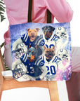 Personalized 4-pet tote bag featuring dogs in Indianapolis Colts football uniforms.