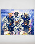 Personalized matte poster featuring six dogs in Indianapolis Colts football uniforms with helmets.