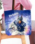 Personalized blue tote bag with a Doberman dog portrait in a football uniform.