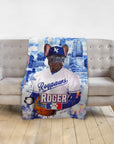 Personalized pet blanket with a French Bulldog in a baseball uniform, "Roypaws Roger" and Kansas City skyline.