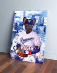 Personalized pet canvas featuring a French Bulldog in a white "Roypaws Roger" baseball uniform and cap.