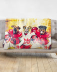 Personalized custom blanket with three dogs in red and white football uniforms.