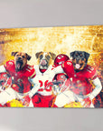 Three dogs in red and white football uniforms on a canvas with a fiery stadium background.
