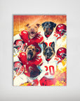 Personalized Kansas City Doggos 4-pet poster featuring dogs in red and white football uniforms.