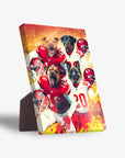 Personalized 4-pet standing canvas featuring dogs in Kansas City football uniforms with a fiery background.