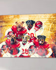 Personalized 5-pet canvas featuring dogs in red and white Kansas City Doggos football uniforms.