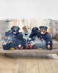 Personalized pet blanket with three dogs as football players in black and white uniforms.