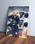 Four pets, including a Pitbull, Rottweiler, Lab, and German Shepherd, in football jerseys on a canvas.