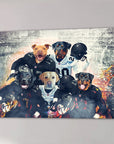 Five personalized dogs in black and white football uniforms on a custom Las Vegas Raiders canvas.