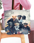 Personalized 5-pet Las Vegas Doggos tote bag with custom dog portraits in football uniforms.