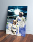 Two pugs in Leeds United football kits on a custom canvas, one holding a soccer ball.