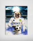 Personalized Leeds United Doggos Football poster featuring a pug in a white jersey holding a soccer ball.