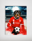 Personalized Liverpool Doggos Football poster featuring a Rottweiler in a red jersey holding a soccer ball.
