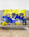 Personalized 3-pet blanket with dogs in blue and yellow football uniforms.
