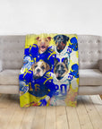 Personalized 4-pet blanket with dogs in blue and white football jerseys.
