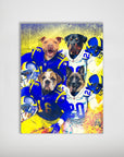 Personalized 'Los Angeles Doggos' 4 pet poster featuring dogs in blue and white football uniforms.