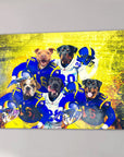 Personalized 5 pet canvas featuring dogs in blue and yellow football uniforms against a vibrant yellow background.