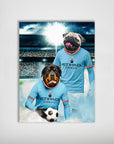 Personalized Manchester City Doggos Football poster featuring a pug and rottweiler in light blue jerseys.
