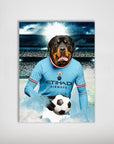 Personalized Manchester City Doggos football poster featuring a Rottweiler in a light blue jersey holding a soccer ball.