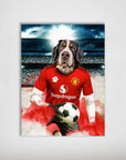 Personalized dog poster featuring a Bernese Mountain Dog in a red Manchester United football kit, holding a soccer ball.