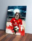 Personalized pet canvas featuring a Bernese Mountain Dog in a red Manchester United football kit holding a soccer ball.