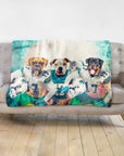 Personalized 3 pet blanket featuring dogs in Miami Dolphins football uniforms.